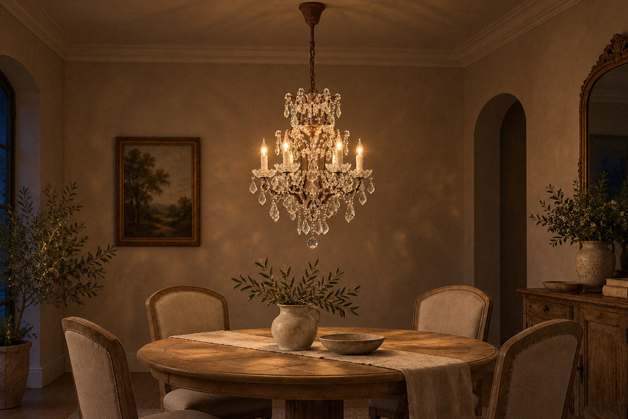 Elvera crystal chandelier in a dining room at night, lit (AI-generated scene)
