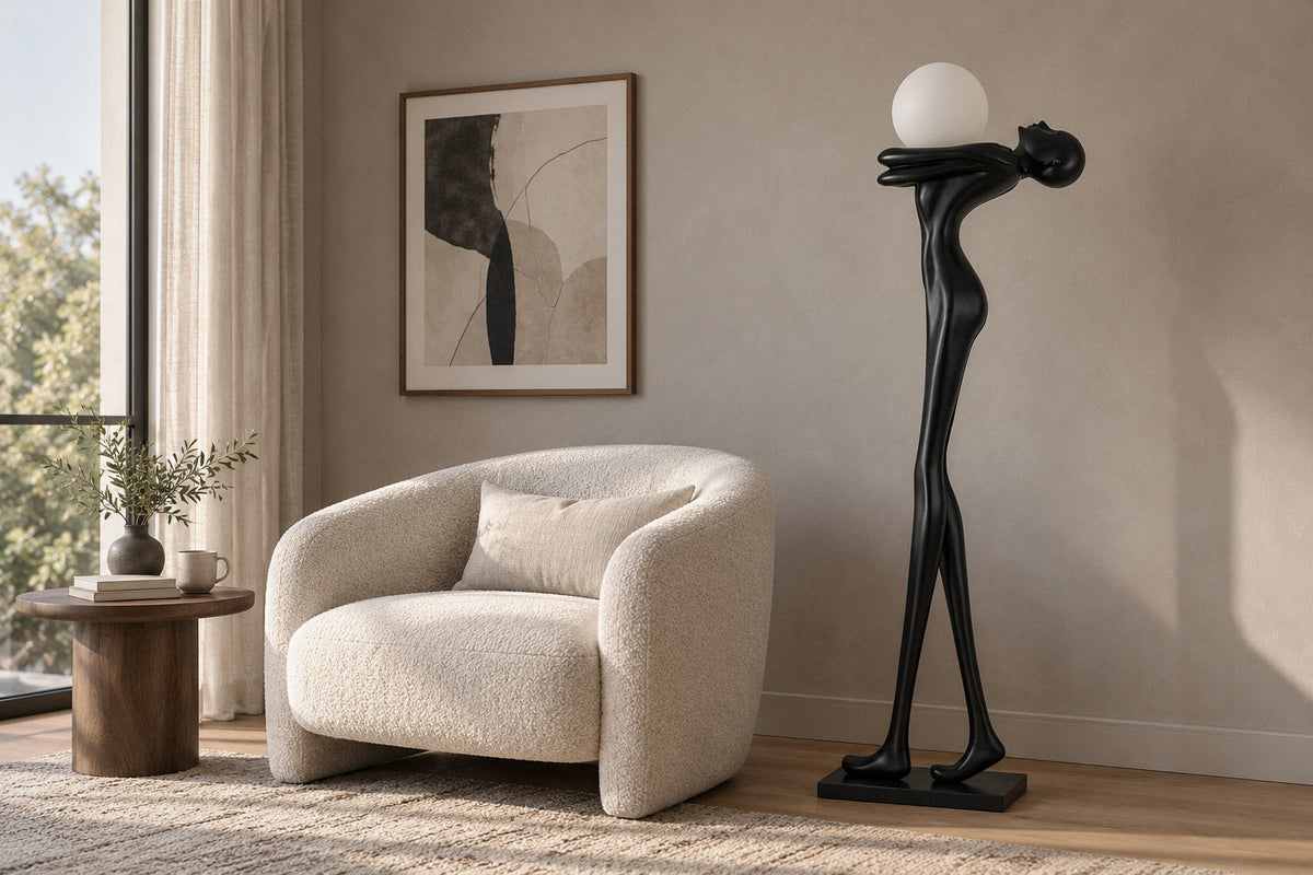 Embrace Ball Sculpture glass and metal floor lamp in a living room by day, switched off (AI-generated scene)