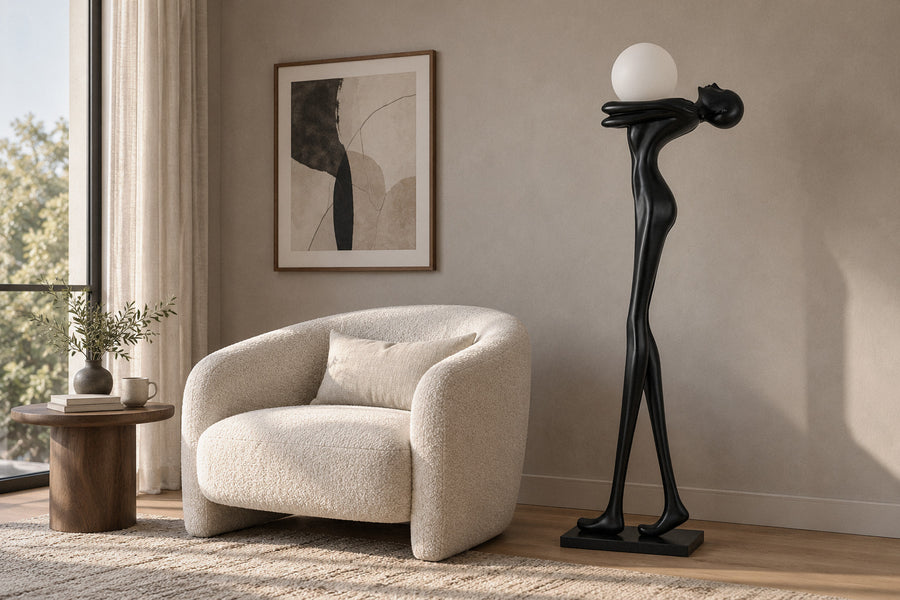 Embrace Ball Sculpture glass and metal floor lamp in a living room by day, switched off (AI-generated scene)