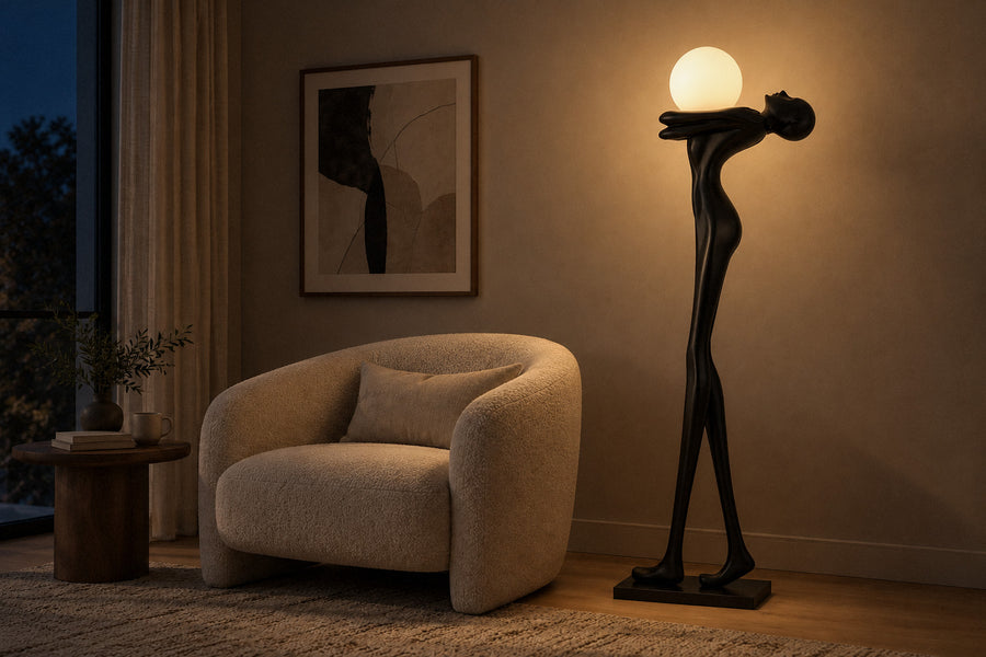 Embrace Ball Sculpture glass and metal floor lamp in a living room at night, lit (AI-generated scene)