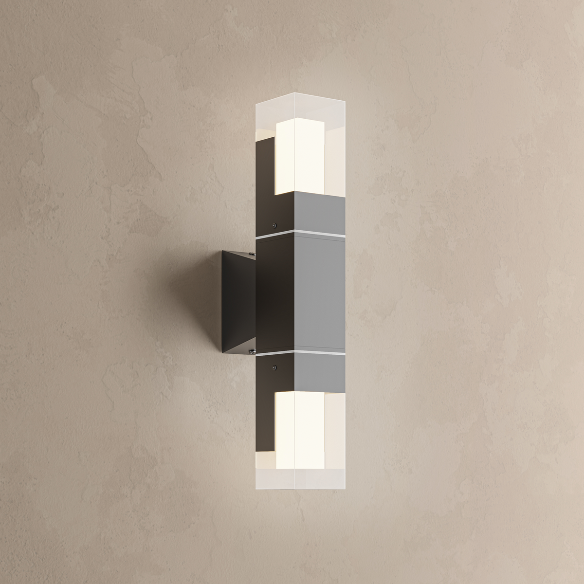 Applique extérieure LED noire, modèle double allumé en haut et en bas sur un mur beige