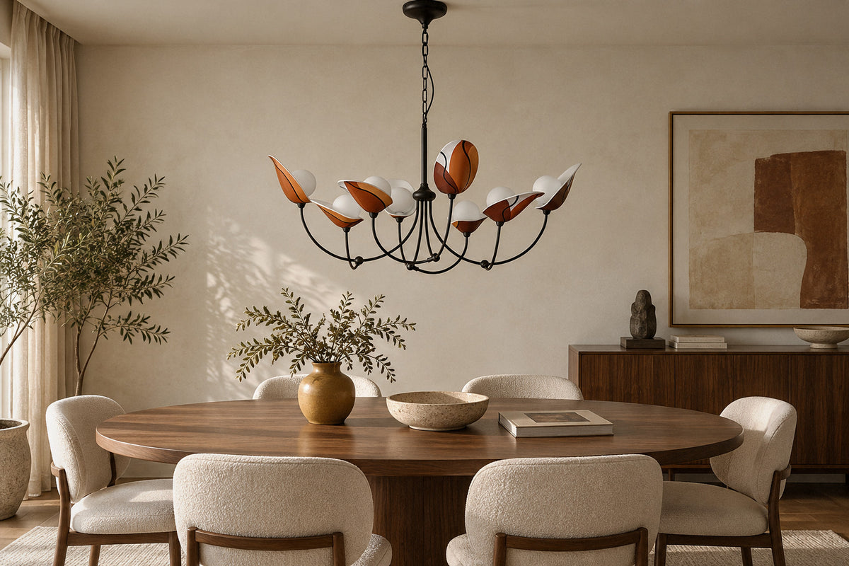 Florea Bloom glass and metal chandelier in a dining room by day, switched off (AI-generated scene)