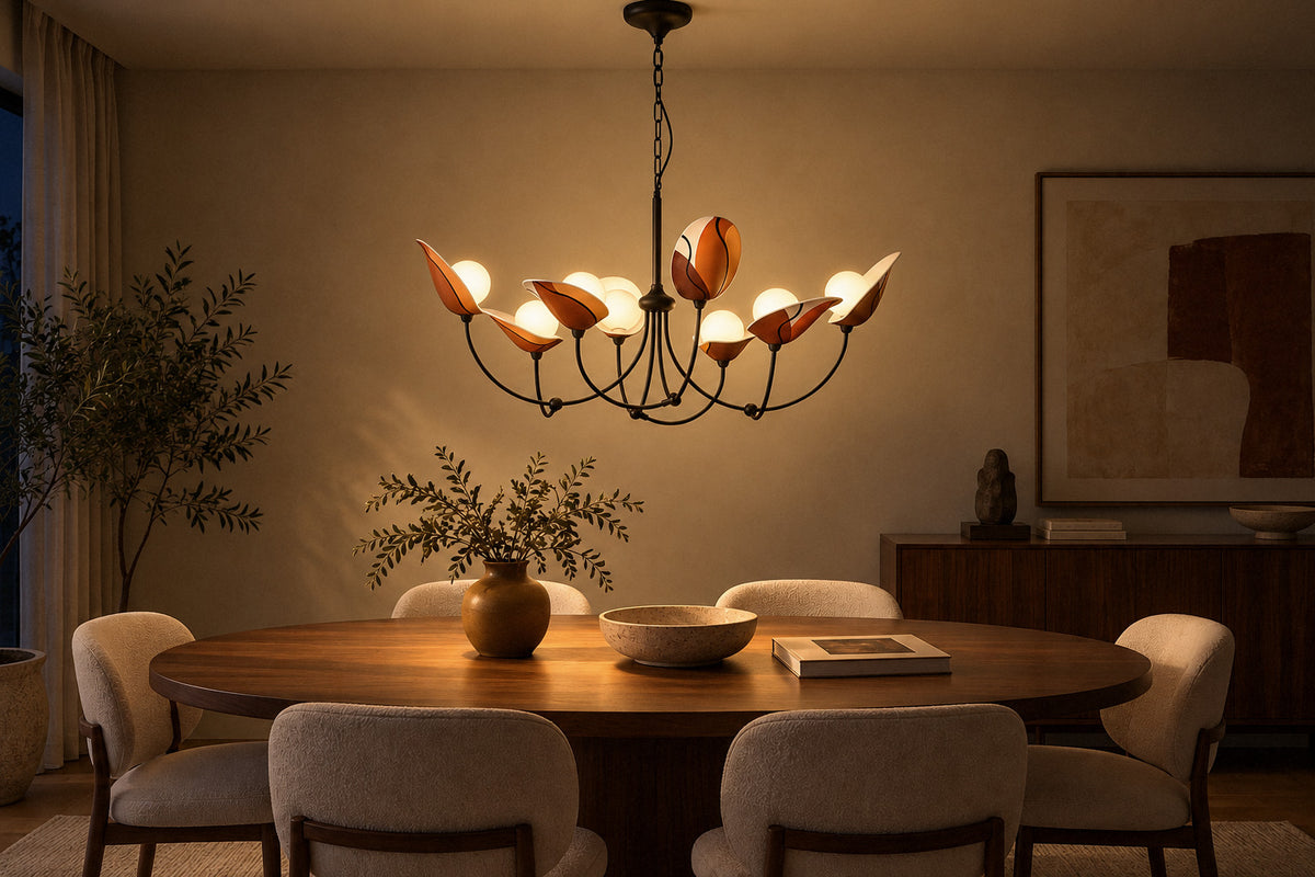 Florea Bloom glass and metal chandelier in a dining room at night, lit (AI-generated scene)