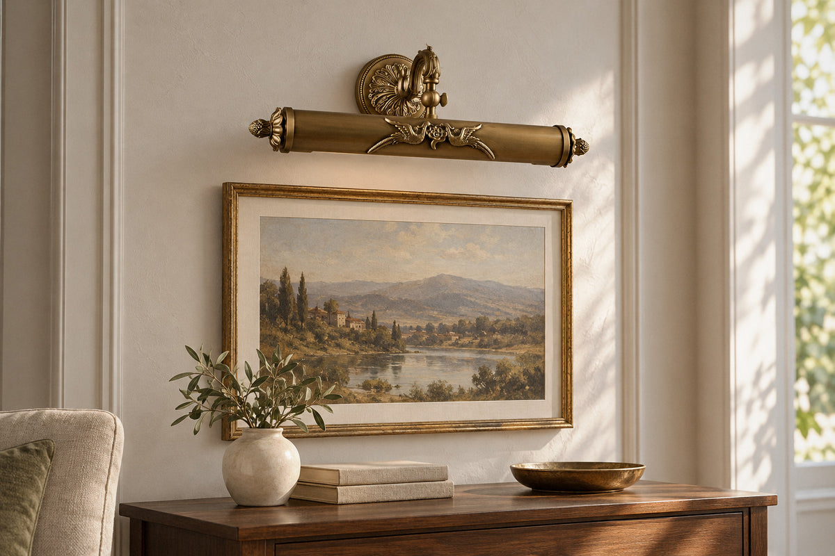 Florence Brass Wall Light bronze brass sconce in a living room by day, switched off (AI-generated scene)
