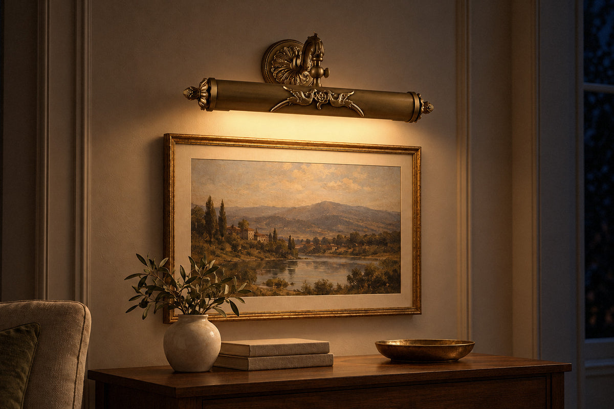 Florence Brass Wall Light bronze brass sconce in a living room at night, lit (AI-generated scene)