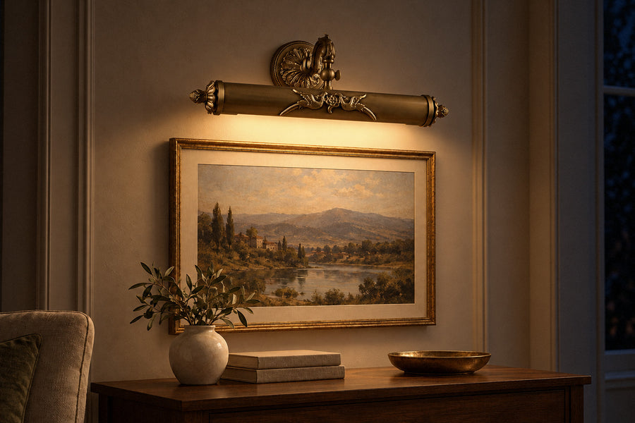 Florence Brass Wall Light bronze brass sconce in a living room at night, lit (AI-generated scene)
