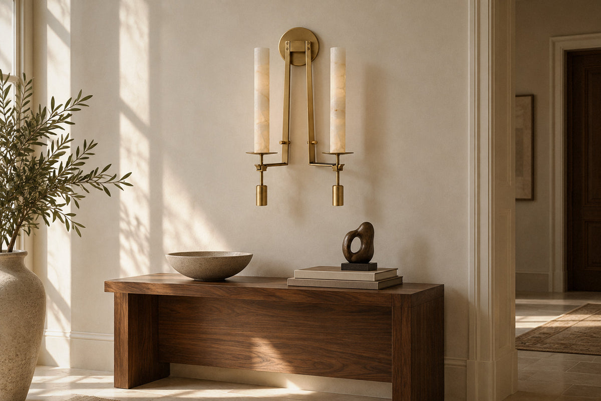 Fontanelle alabaster and brass wall sconce in an entrance hall by day, switched off (AI-generated scene)