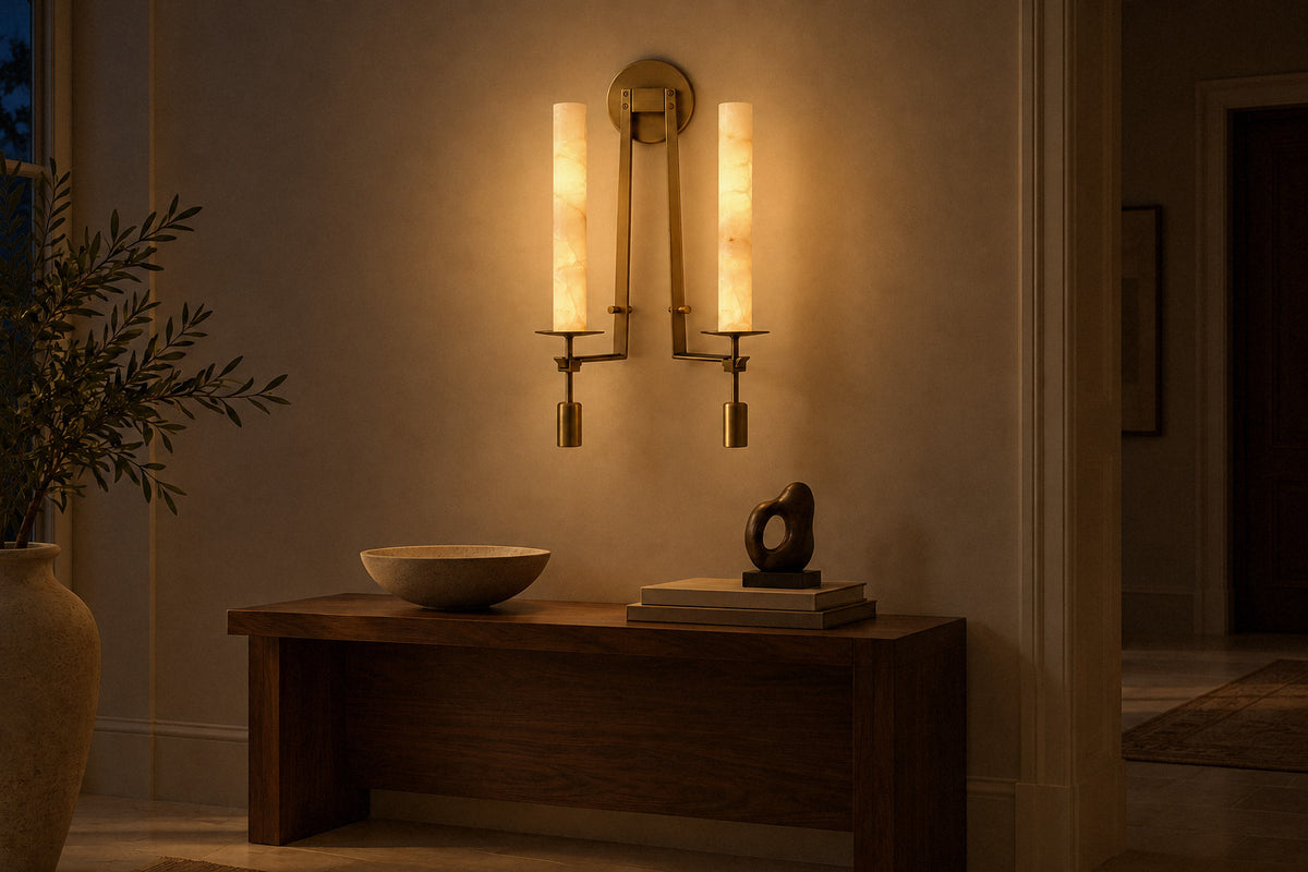 Fontanelle alabaster and brass wall sconce in an entrance hall at night, lit (AI-generated scene)