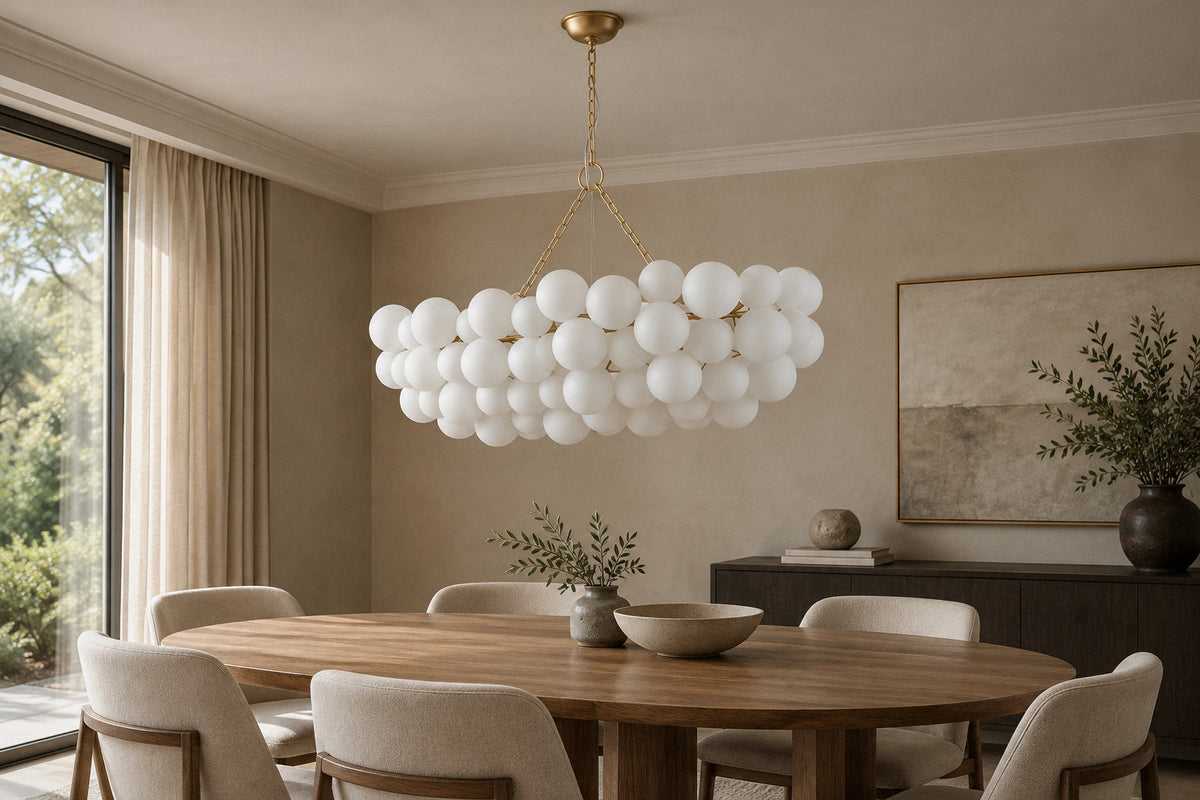 Glass Ball Bubble Chandelier glass and metal chandelier in a dining room by day, switched off (AI-generated scene)