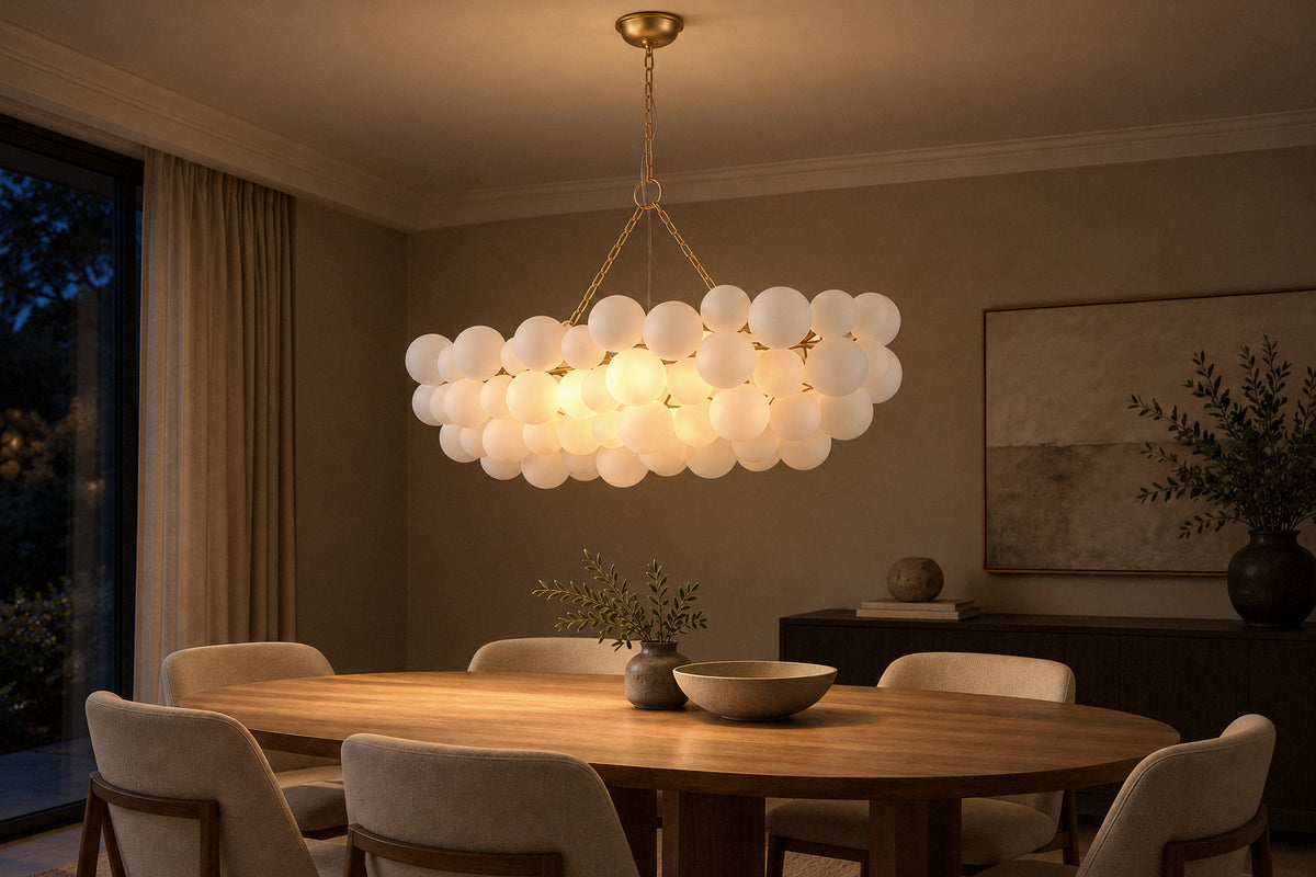 Glass Ball Bubble Chandelier glass and metal chandelier in a dining room at night, lit (AI-generated scene)