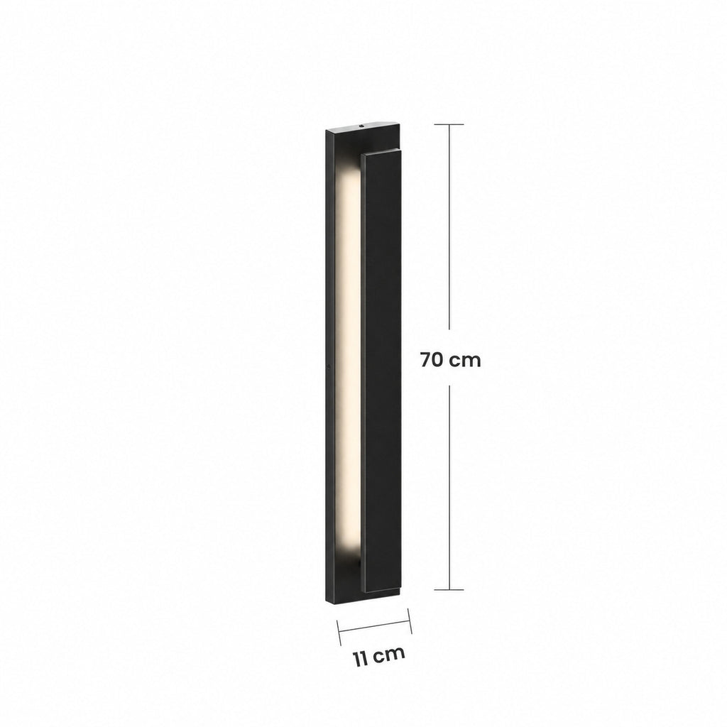 Schéma des dimensions de l’applique extérieure LED verticale noire, taille Moyen : hauteur 70 cm, largeur 11 cm