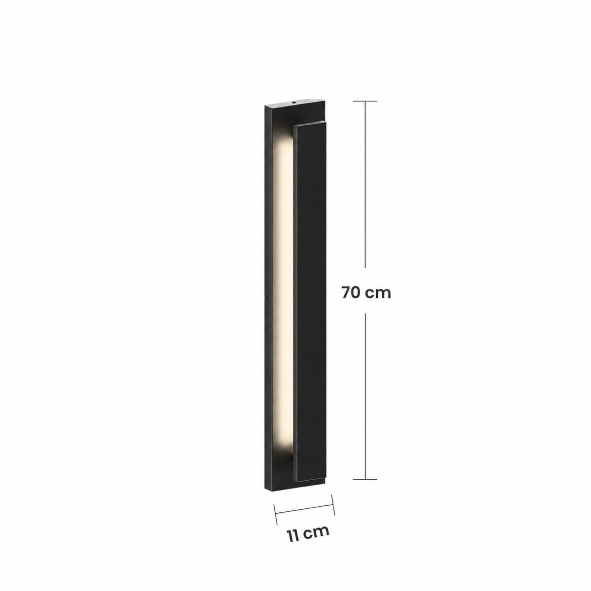 Schéma des dimensions de l’applique extérieure LED verticale noire, taille Moyen : hauteur 70 cm, largeur 11 cm