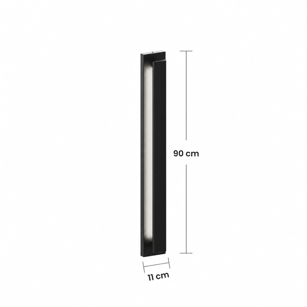 Schéma des dimensions de l’applique extérieure LED verticale noire, taille Grand : hauteur 90 cm, largeur 11 cm