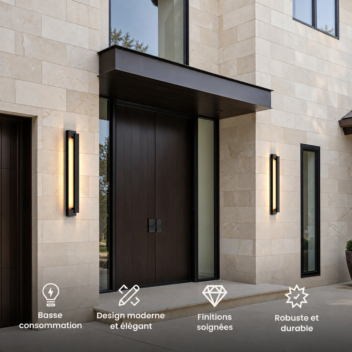 Deux appliques extérieures LED verticales noires de part et d’autre d’une porte d’entrée : basse consommation, design moderne et élégant, finitions soignées, robuste et durable