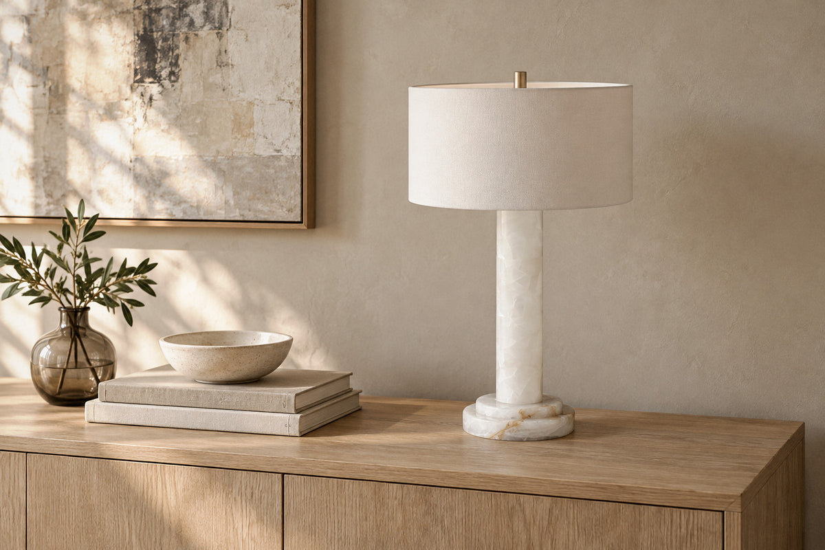 Lilio Drum Calcite table lamp in a living room by day, switched off (AI-generated scene)