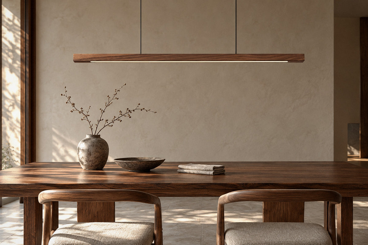 Linear Wooden Pendant Light wood pendant in a dining room by day, switched off (AI-generated scene)