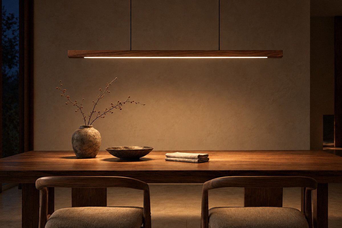 Linear Wooden Pendant Light wood pendant in a dining room at night, lit (AI-generated scene)