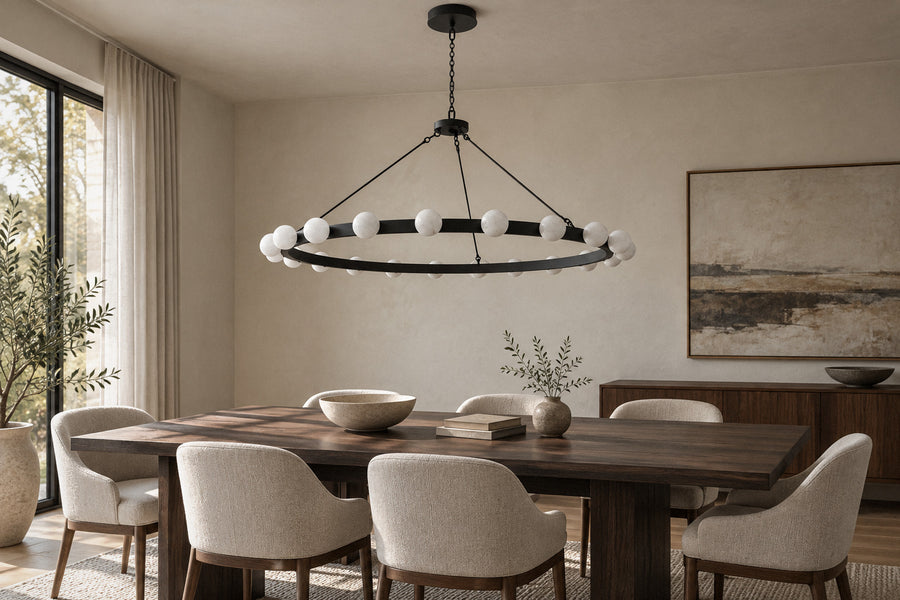 Lodaen Globe Ring matte-black metal chandelier in a dining room by day, switched off (AI-generated scene)