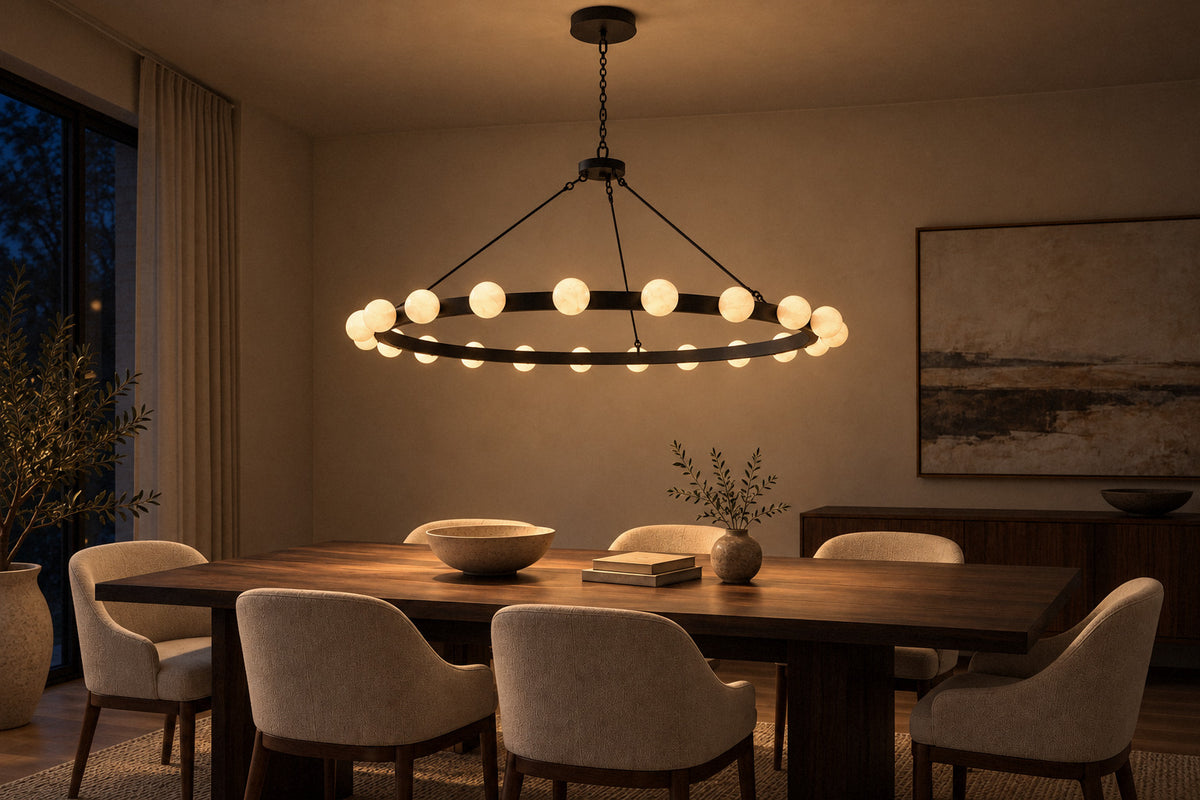 Lodaen Globe Ring matte-black metal chandelier in a dining room at night, lit (AI-generated scene)