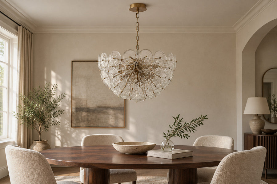Loliis Bowl Disc glass chandelier in a dining room by day, switched off (AI-generated scene)