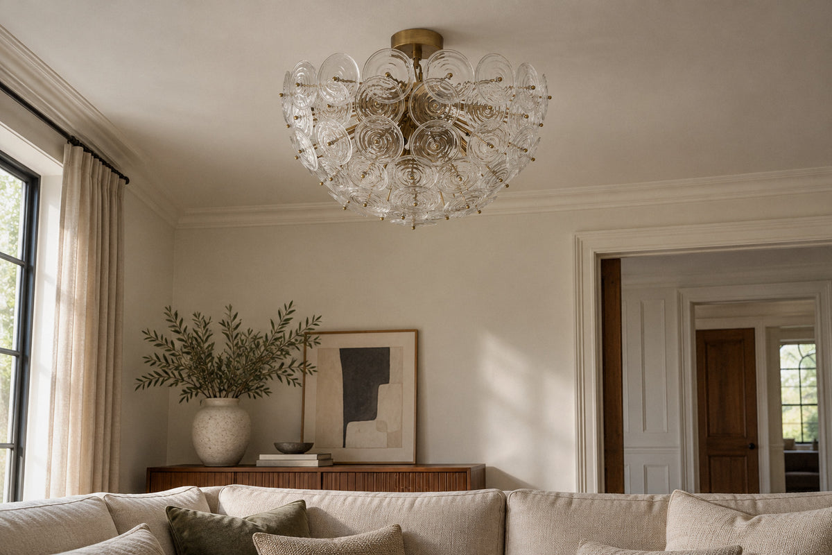 Loliis Disc Rippled Flush Mount glass ceiling light in a living room by day, switched off (AI-generated scene)