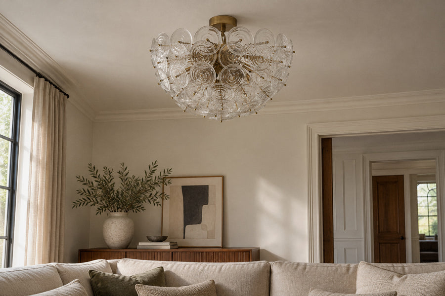 Loliis Disc Rippled Flush Mount glass ceiling light in a living room by day, switched off (AI-generated scene)