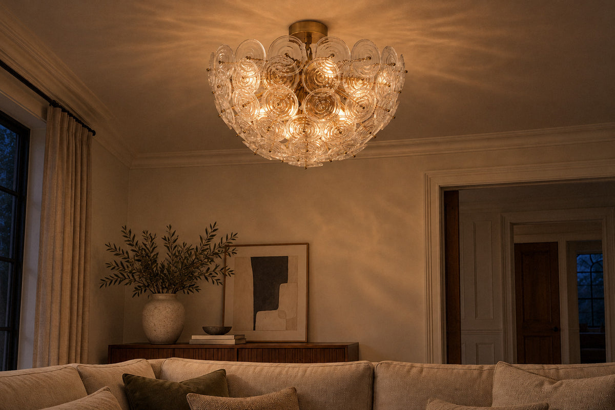 Loliis Disc Rippled Flush Mount glass ceiling light in a living room at night, lit (AI-generated scene)