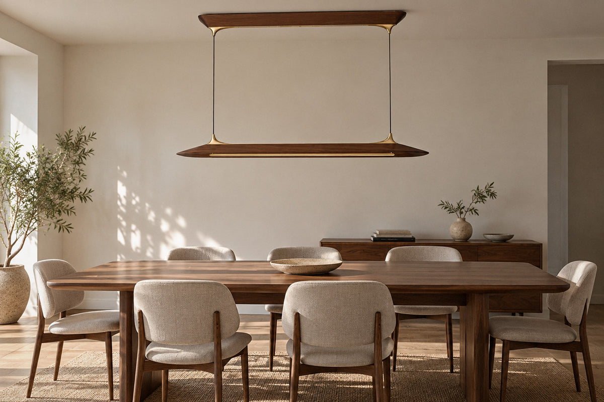 Mernoe walnut and brass chandelier in a dining room by day, switched off (AI-generated scene)