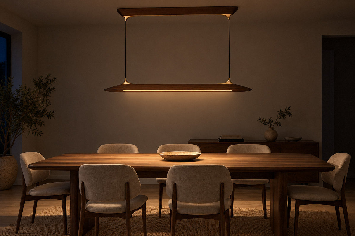 Mernoe walnut and brass chandelier in a dining room at night, lit (AI-generated scene)