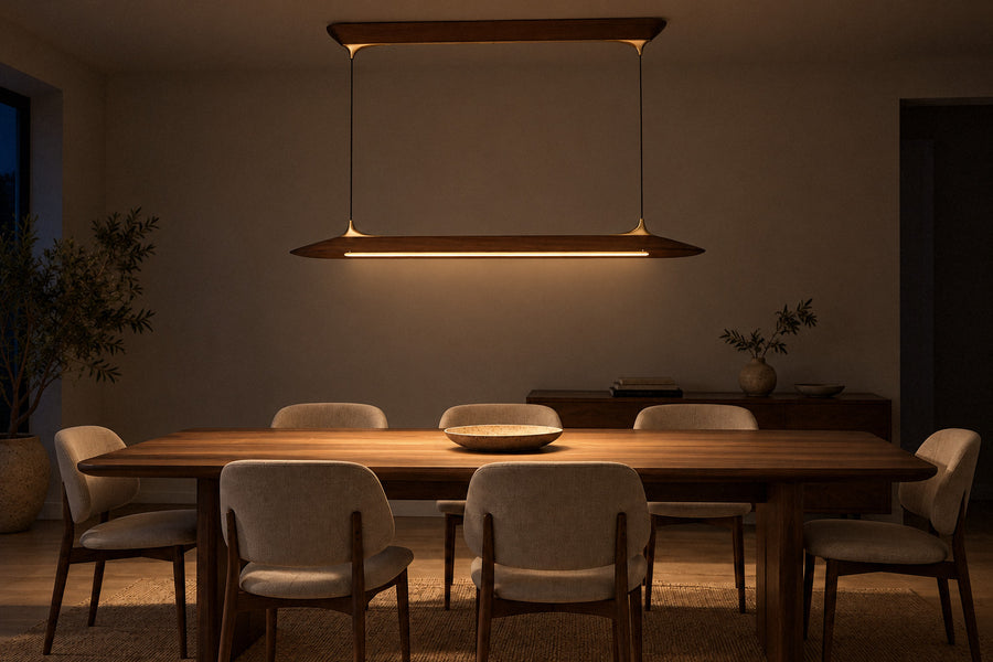 Mernoe walnut and brass chandelier in a dining room at night, lit (AI-generated scene)