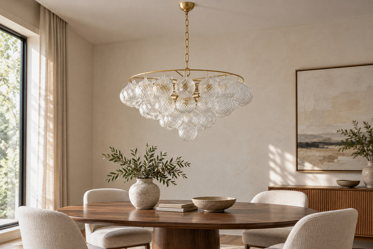 Mimi glass and gold metal chandelier in a dining room by day, switched off (AI-generated scene)