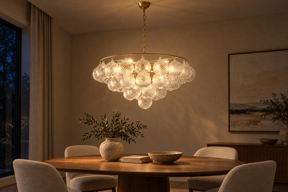 Mimi glass and gold metal chandelier in a dining room at night, lit (AI-generated scene)