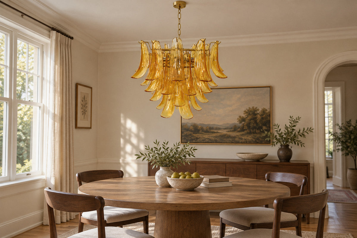 Murano Glass Leaf Chandelier glass and metal chandelier in a dining room by day, switched off (AI-generated scene)