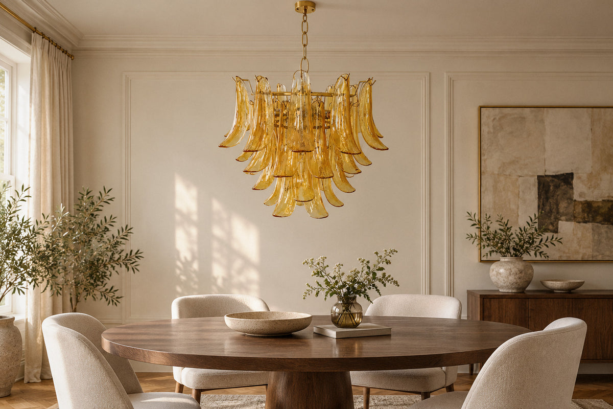Murano Glass Leaf glass-and-metal chandelier in a dining room by day, switched off (AI-generated scene)