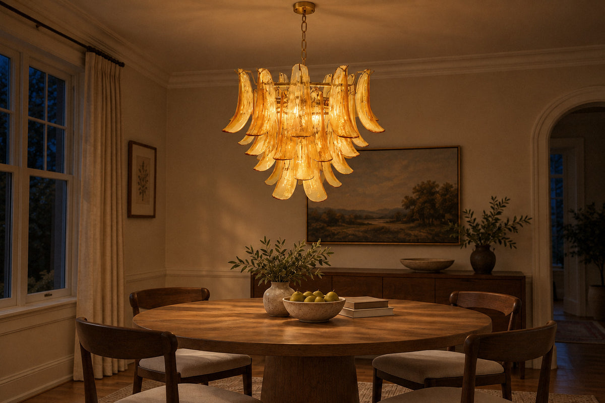 Murano Glass Leaf Chandelier glass and metal chandelier in a dining room at night, lit (AI-generated scene)