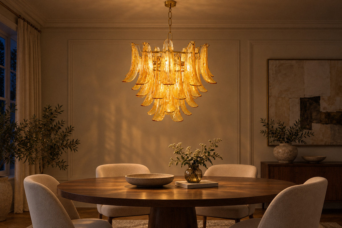 Murano Glass Leaf glass-and-metal chandelier in a dining room at night, lit (AI-generated scene)