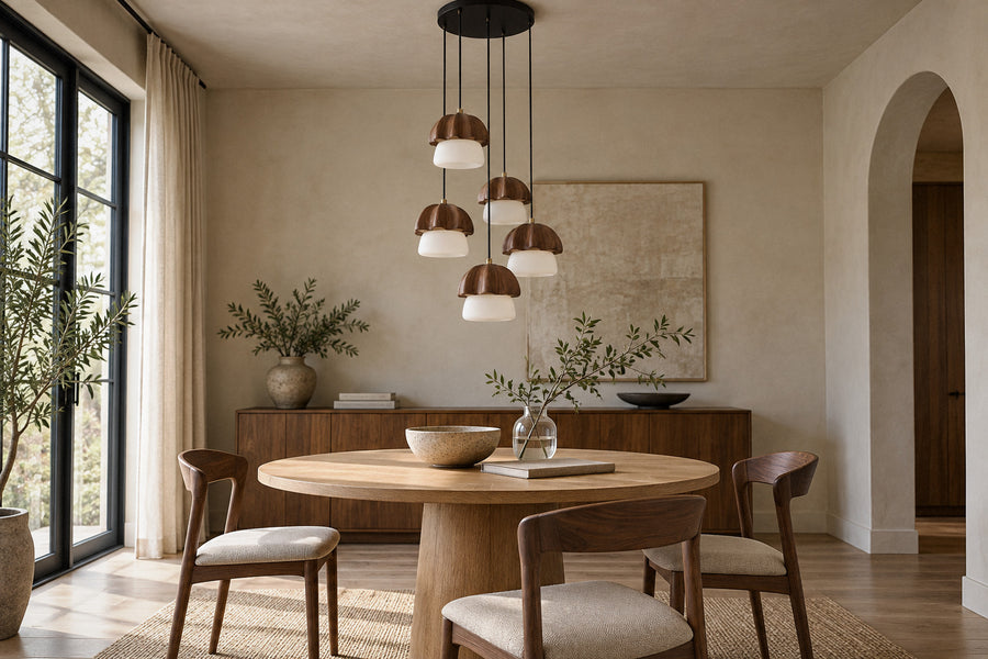 Mushroom Cluster Chandelier wood and acrylic chandelier in a dining room by day, switched off (AI-generated scene)