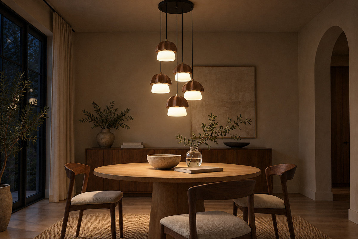 Mushroom Cluster Chandelier wood and acrylic chandelier in a dining room at night, lit (AI-generated scene)