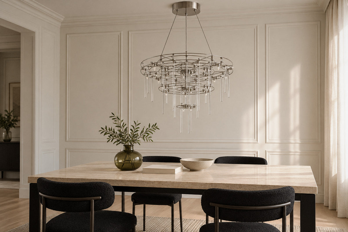 Nolira Round Glass Pendant glass pendant in a dining room by day, switched off (AI-generated scene)