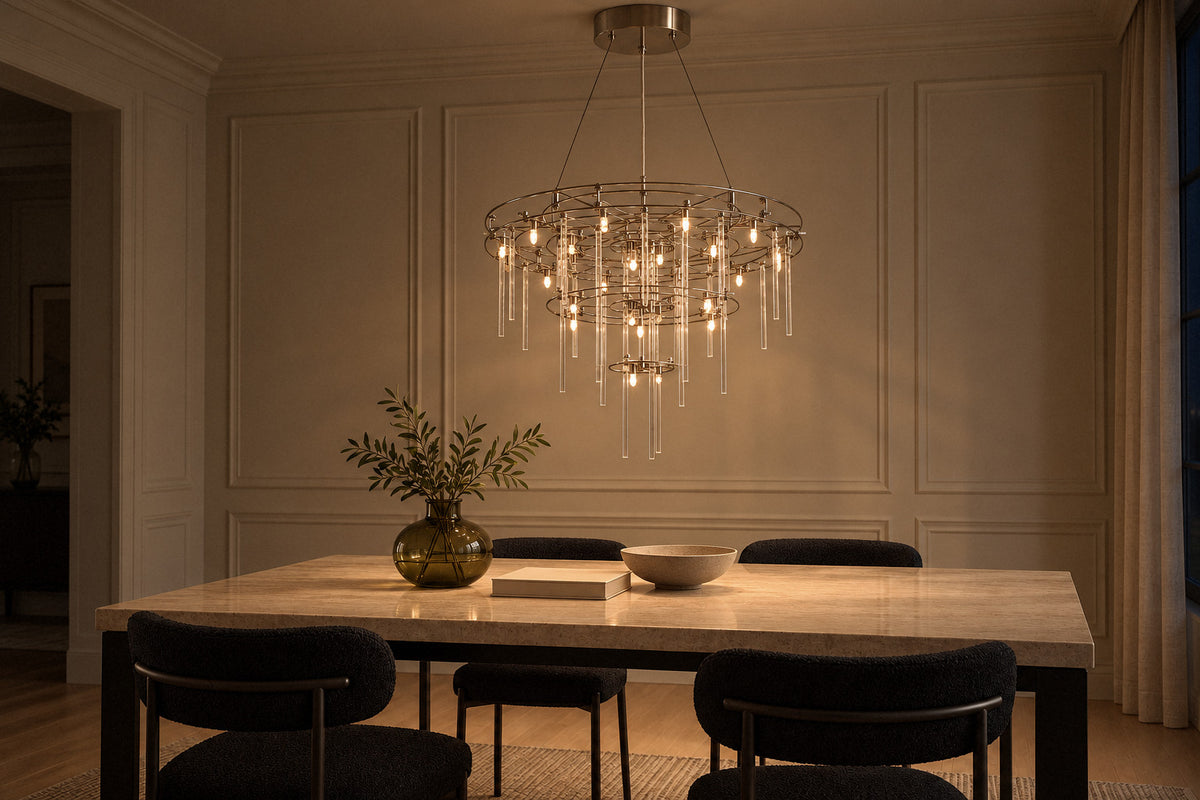 Nolira Round Glass Pendant glass pendant in a dining room at night, lit (AI-generated scene)
