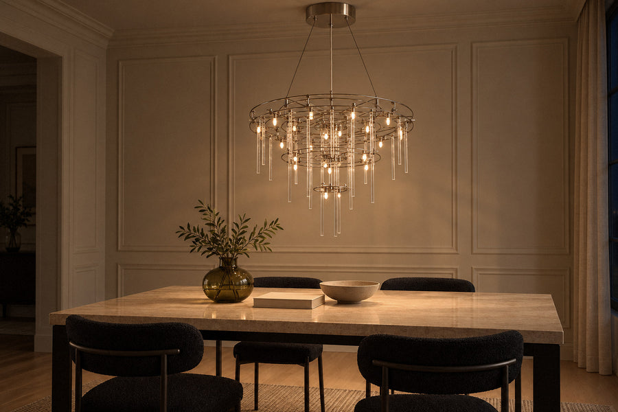 Nolira Round Glass Pendant glass pendant in a dining room at night, lit (AI-generated scene)