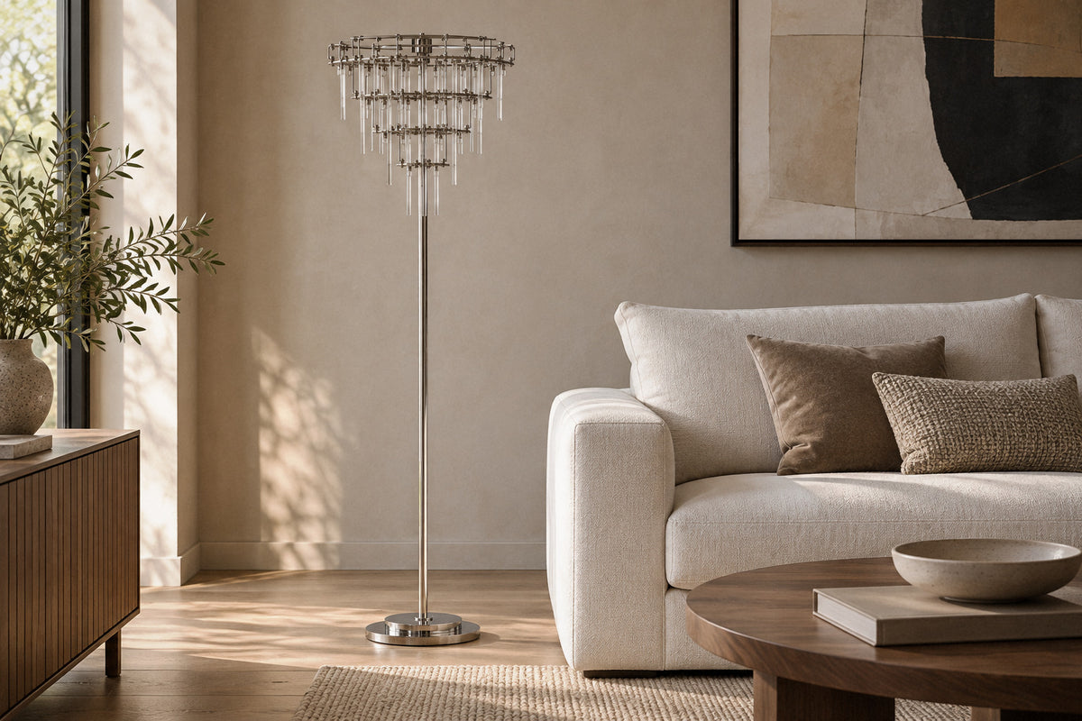 Nolira glass floor lamp in a living room by day, switched off (AI-generated scene)