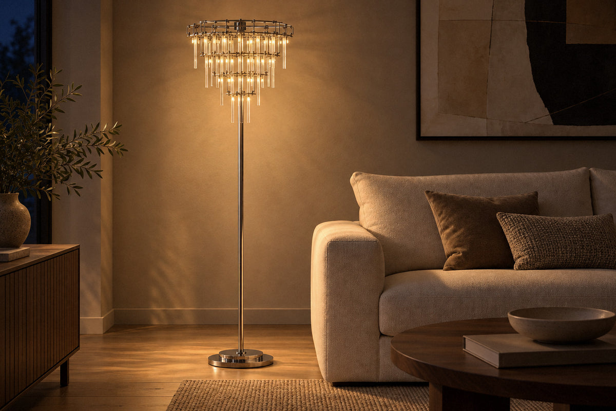 Nolira glass floor lamp in a living room at night, lit (AI-generated scene)