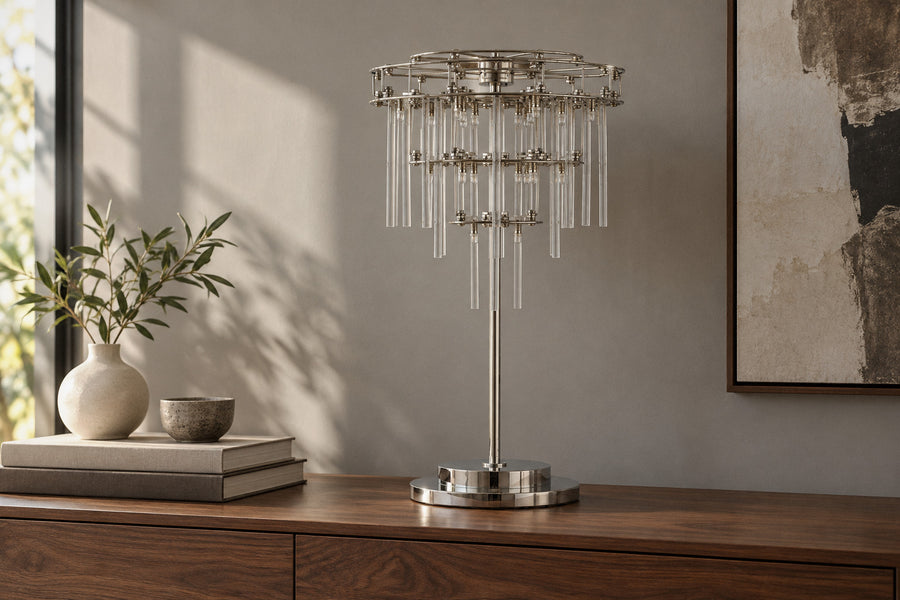 Nolira Tiered Glass Table Lamp, glass and metal, in a living room by day, switched off (AI-generated scene)