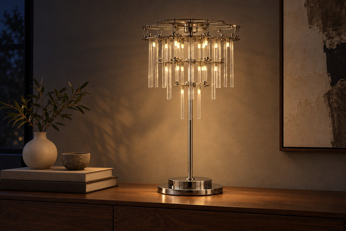Nolira Tiered Glass Table Lamp, glass and metal, in a living room at night, lit (AI-generated scene)