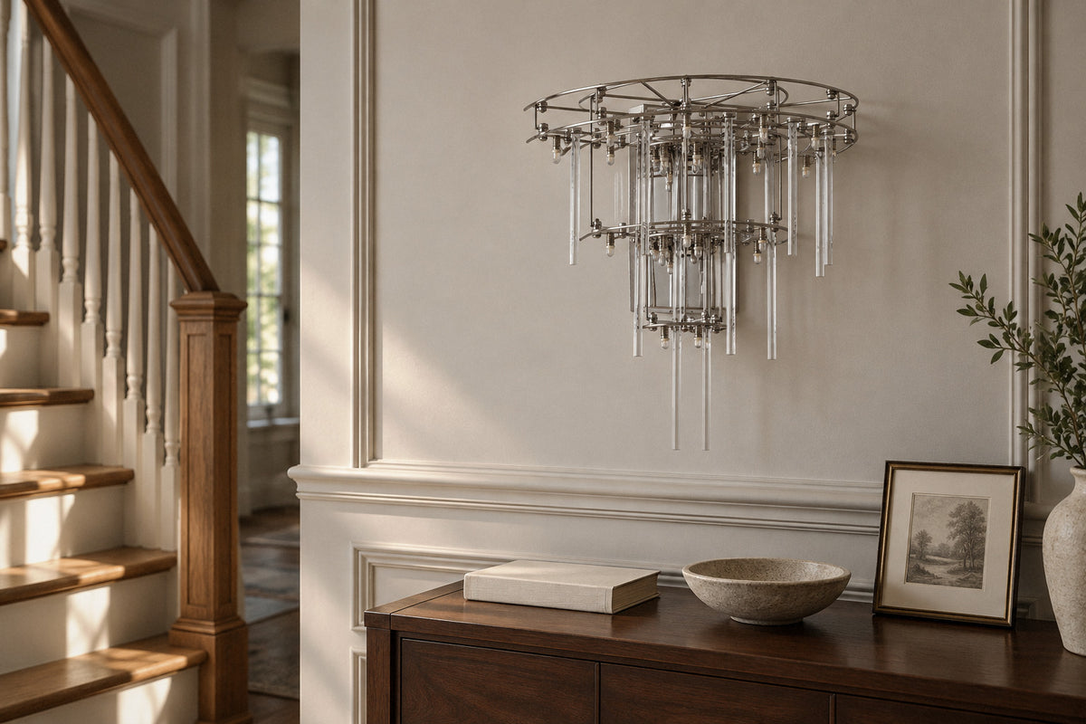 Nolira Tiered Glass Wall Sconce, glass wall light in an entrance hall by day, switched off (AI-generated scene)