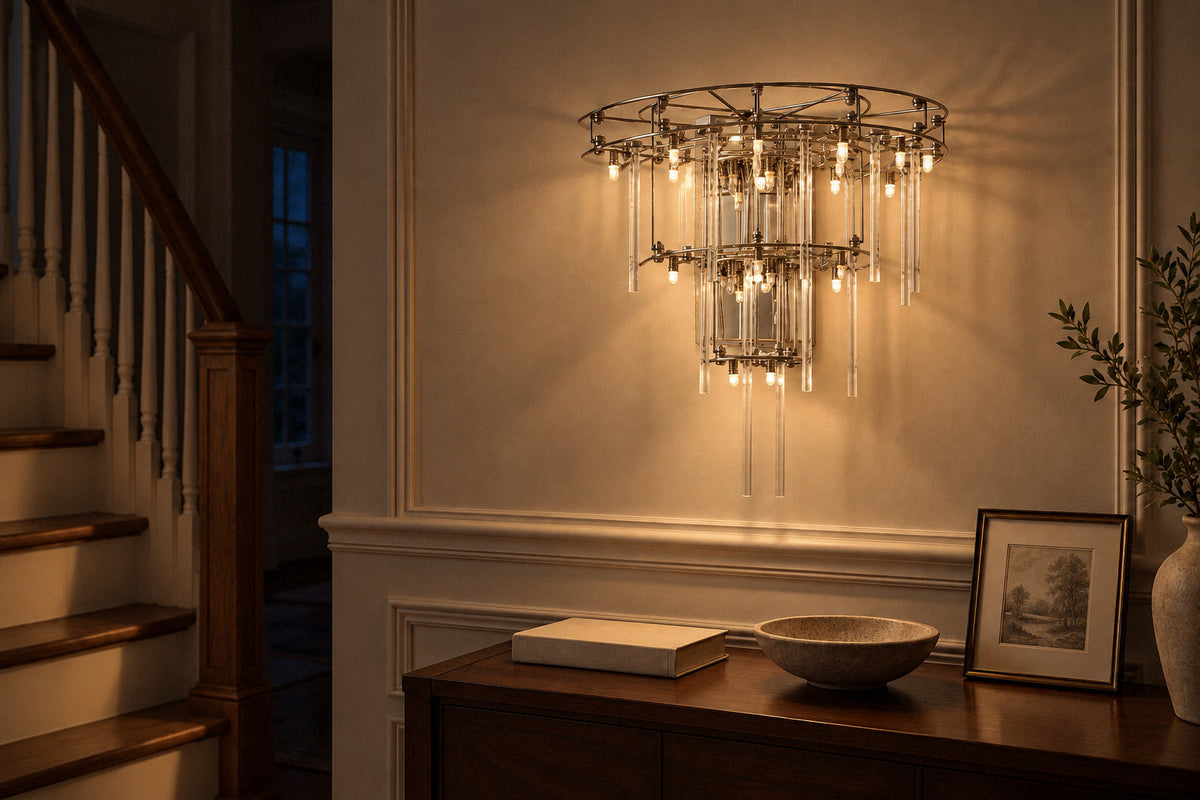 Nolira Tiered Glass Wall Sconce, glass wall light in an entrance hall at night, lit (AI-generated scene)