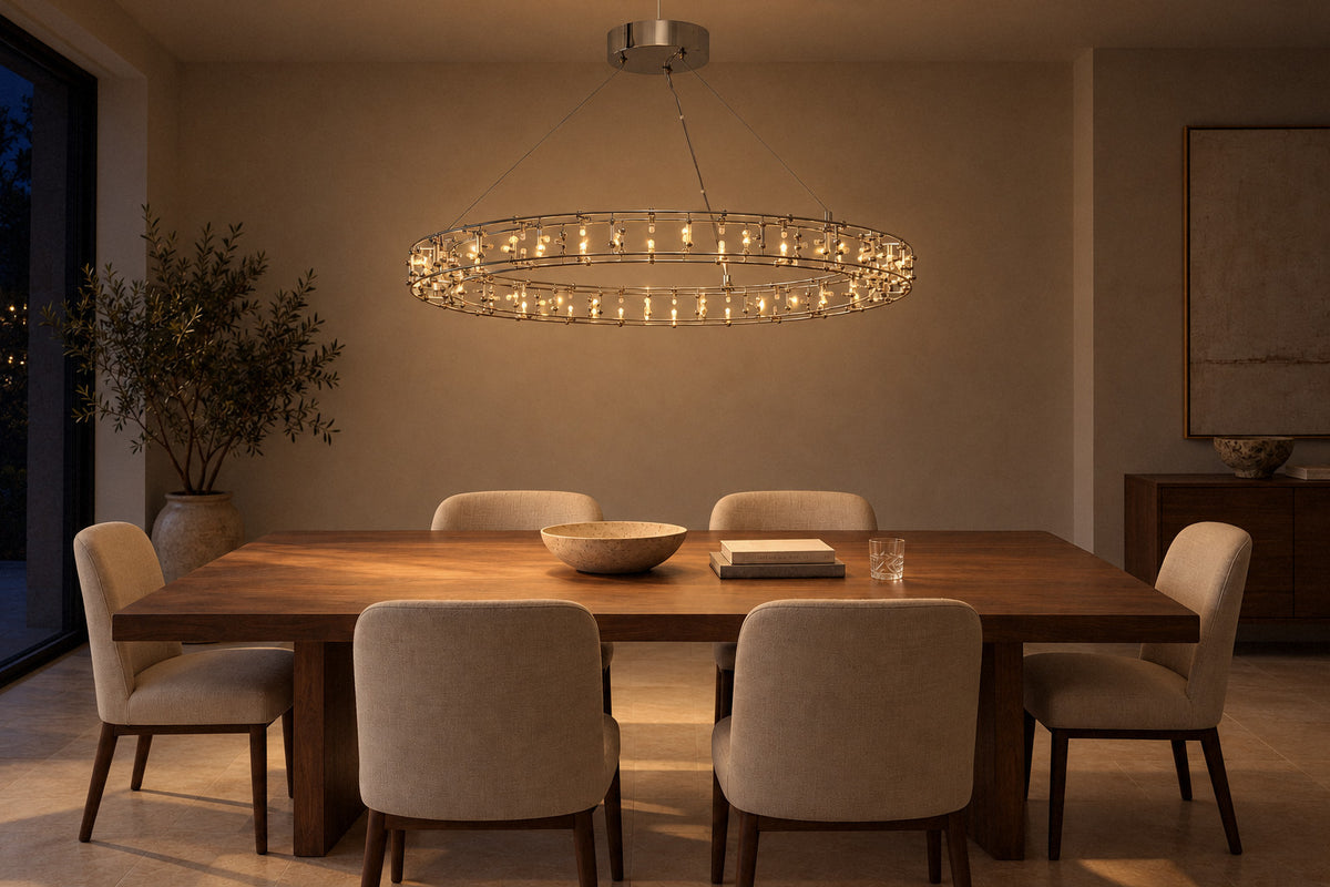 Nomena Orbital Halo nickel chandelier in a dining room at night, lit (AI-generated scene)