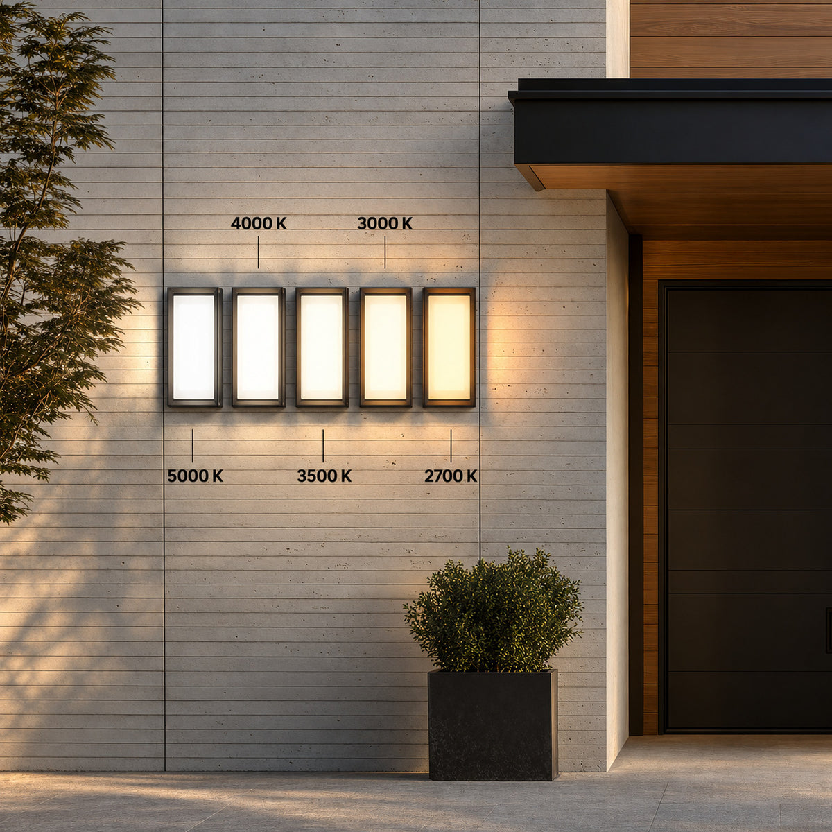 Cinq appliques noires allumées côte à côte en 5000 K, 4000 K, 3500 K, 3000 K et 2700 K : une seule applique, 5 teintes au choix