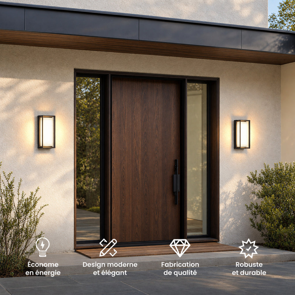 Deux appliques noires de part et d’autre d’une porte d’entrée en bois : économe en énergie, design moderne, fabrication de qualité, robuste